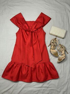 NWOT Elegant Red Bow Mini Dress – Ruthie Grace, Size L, Ruffle Hem